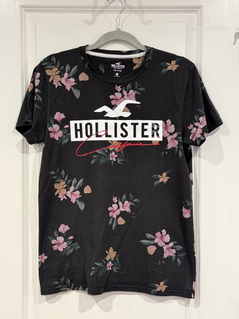 Hollister Black Floral Logo Tee with Pink Accents